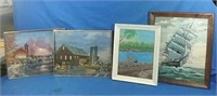 2 framed puzzles and two oil paintings
