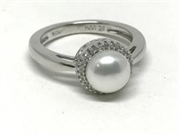 15B- Sterling Freshwater Pearl & Diamond Ring