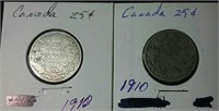Two 1910 Canada Silver quarters