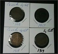 1916, 17, 18 & 19 Canada Large 1 cent coins