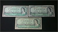 Three 1954 Canada 1 Dollar bills