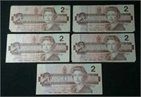 Five 1986 Canada 2 dollar bills