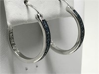 17B- Sterling Silver Blue Diamond Hoop Earrings