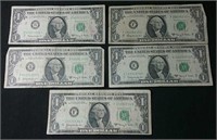 Five 1963 Series A $1 USA banknotes