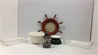 Ship Helm Frame, Lantern, Pyrex & Porcelain Dishes