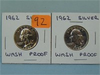 Two 1962 Washington Silver Proof Quarters