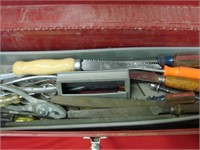 Red Metal Tool Box with Assorted Tools