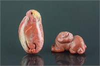 2 PC Chinese Red Shoushan Stone Lion and Fruit