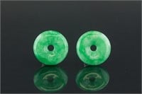 Pair Chinese Green Hardstone Round Pendants