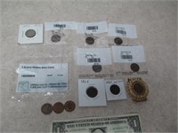 13 Indian Head Pennies, 1 Buffalo Nickel, 1