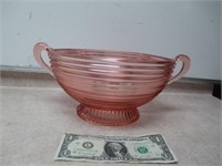 Vtg Anchor Hocking Pink Ribbed Double Handle