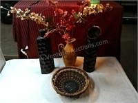 (3)Decorative Vases & (1)Wicker Bowl