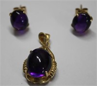 14 KT Gold Purple Amethyst Pendant & Earrings