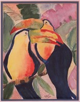 A WATERCOLOR OF TOUCAN  BIRDS SIGNED MYERS