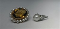 PEARL & DIAMOND RING IN PLATINUM & CITRINE & PEARL