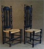 2 18THC. BANNISTER BACK SIDE CHAIRS IN ORIG.BLACK