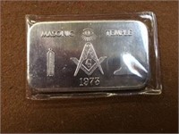 1975 MASONIC TEMPLE 1OZ SILVER BAR