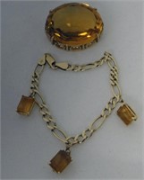 LG CITRINE PIN/PENDANT & 14K GOLD BRACELET W/