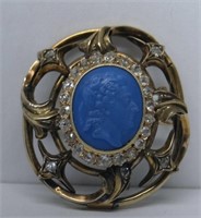 ANTIQUE BLUE GLASS CAMEO 14K  FRAME W/ 30 DIAMONDS