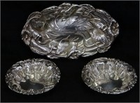 3 STERLING SILVER DISHES W/ REPOUSSE FLORAL DECOR.