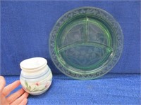antique green glass divider dish & small jar