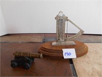 Miniature Cast Iron Cannon and Scale on Wood Platf