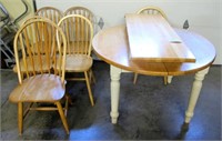 Lot, 48" round wood table with leaf and 6 Windsor-