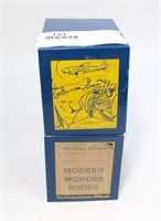 Metal container of "Modern Wonder" books, Library