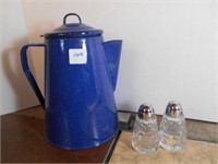 Enamelware Kettle and Salt and Peppers