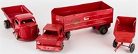 Three Vintage Red Toy Dump Trucks Pressed Steel