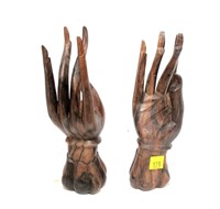 Lot, 2 carved African hands, 8" each