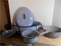 Blue Enamel Ware Roaster and Selection