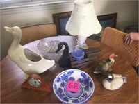 Lot of ducks, knickknacks and lamp