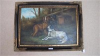 Dogs. Painting framed. Signed M. Kelton. Gold and