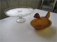 Harp Glass Pedestal Cake Plate,, Amber Chicken