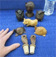7 small carved animals & lady bust (all small)