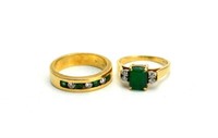 TWO EMERALD, DIAMOND AND GOLD RINGS