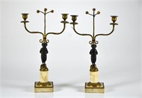 PAIR OF MARBLE AND BRONZE ANTIQUE CANDELABRA