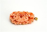 CARVED CORAL AND GOLD PEONY PENDANT