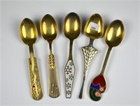 FIVE DANISH SILVER AND ENAMEL SPOONS