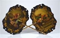 PAIR OF VICTORIAN MACHE AND LACQUER HAND SCREENS