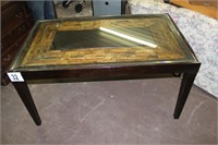 Wood-inlay glasstop dining table 5'x 3'