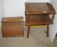 Wood two tier side table and a wood bread box.