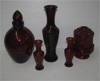 Ruby glassware items including vase, decanter,