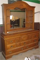 Stanley oak eight drawer dresser with hutch top