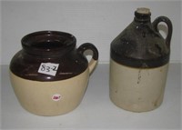 Roseville handled two tone crock and two tone jug