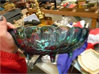 LARGE CARNIVAL GLASS FOOTED BOWL-FRUIT PATTERN
