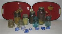 (6) Various size blue Ball jars, (2) Clear glass