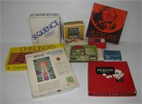 Box of games including Sequence, Checkers, Draw