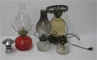 Vintage electric table lamp, (3) Glass oil lamps,